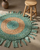 Fringed Green Chindi and Jute Dhurrie - 1