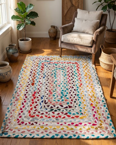 Braided White Chindi and Cotton Dhurrie - 1