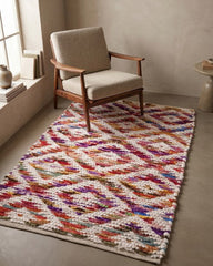 Geometric White Chindi Febric Dhurrie - 1