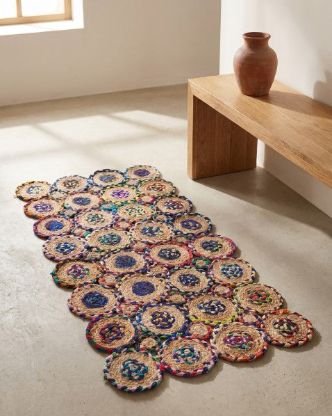 Patchwork Green Chindi and Jute Dhurrie - 1