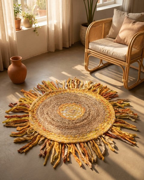 Fringed Yellow Chindi and Jute Dhurrie - 1