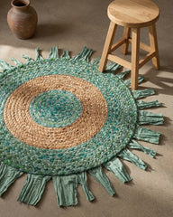 Fringed Green Chindi and Jute Dhurrie - 1