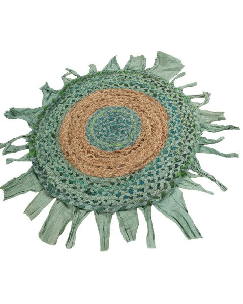 Fringed Green Chindi and Jute Dhurrie - 3