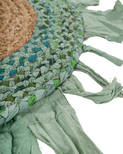 Fringed Green Chindi and Jute Dhurrie - 4