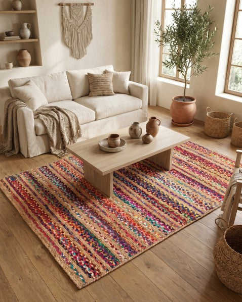 Striped Brown Chindi and Jute Dhurrie - 1