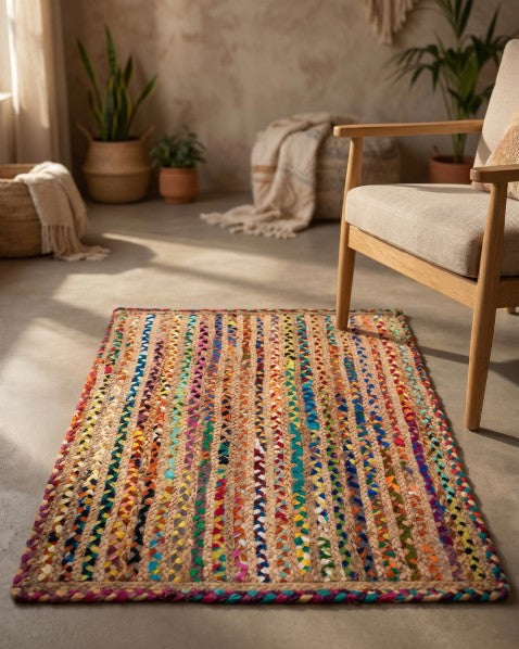 Striped Brown Chindi and Jute Dhurrie - 1