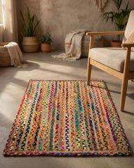 Striped Brown Chindi and Jute Dhurrie - 1
