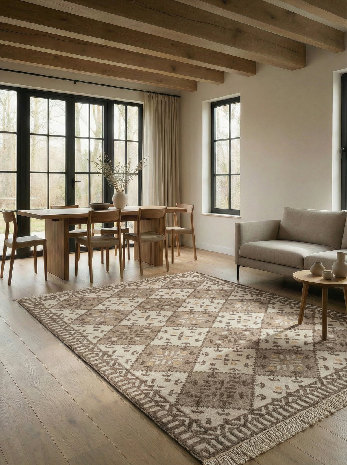 Asterlane Beige White 5'6X7'6 Feet Dhurrie 100% Wool for Living Room,Bedroom,Home