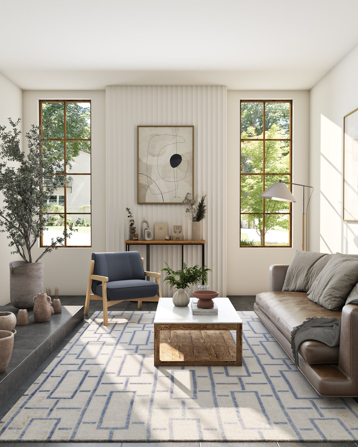 Asterlane Geometric Off-white & Twilight Blue Designer Rug